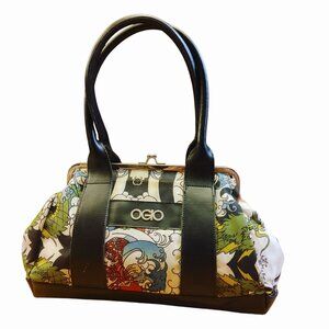 Ogio Canvas Kisslock Purse Bag Handbag Black Green Dragon Print Dual Handles